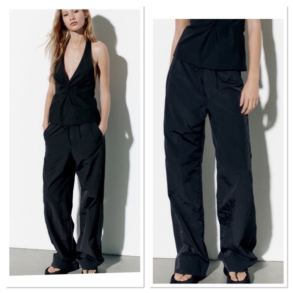 Zara Mid-Rise Nylon Pajama Pants Sz:S Black NWT - Picture 1 of 9